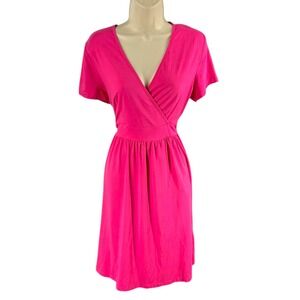 Hot Pink V-Neck Empire Waist Midi Dress Womens Medium Short Sleeve Barbiecore